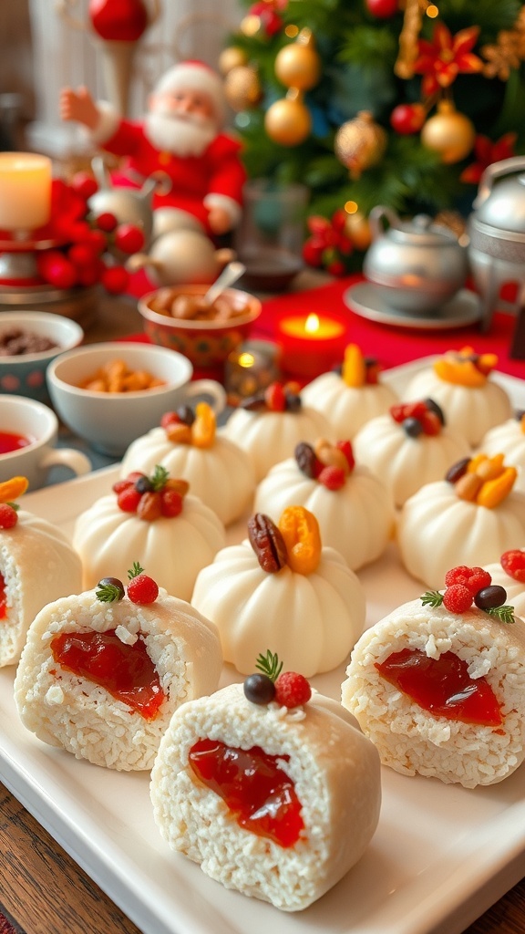 Korean rice cakes filled with red bean paste, garnished with fruits and nuts, displayed on a festive table.